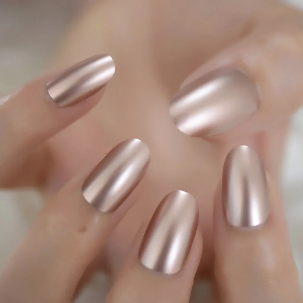 Mocha Pink Mirror False Nails Chrome Stiletto Faux Nails Glass Shiny Effect Surface Ladies Fingernails Fake 24-Nail Inspo
