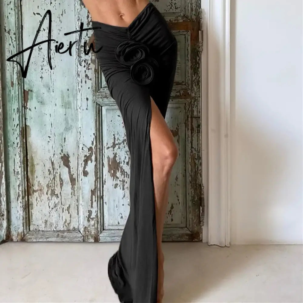 Elegant Ruched Split Maxi Skirts for Women Floral Applique Trim Fashion Outfits Vacation Beachwear Skirt Bottom Aiertu