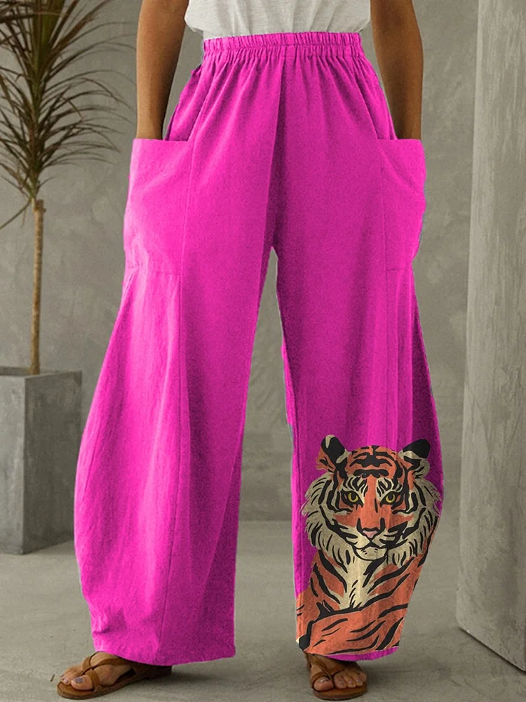 Women's Pink Tiger Elastic Waist Wide Leg Pants Trousers Casual Pants socialshop