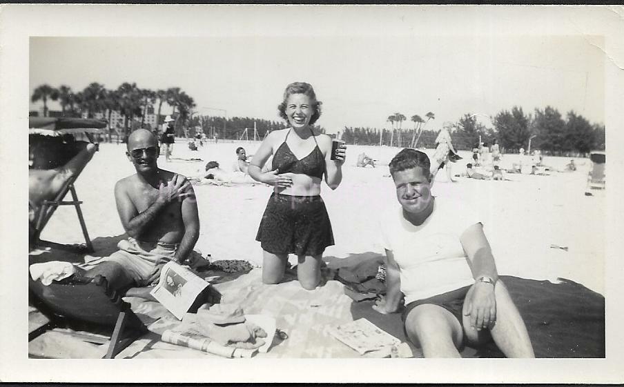 A DAY AT THE BEACH Vintage FOUND' FAMILY Photo Poster painting bw Original Snapshot JD 19 30 L