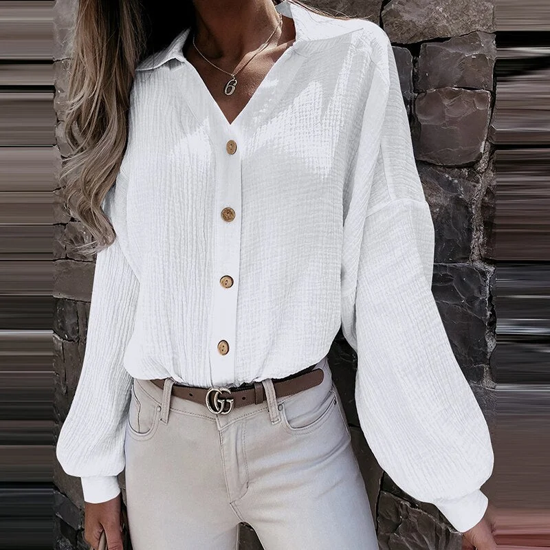 Women Simple New V Neck Lantern Long Sleeves Shirts Top Autumn Winter Casual Fashion Buttons Cardigan Elegant Slim Party Blouses