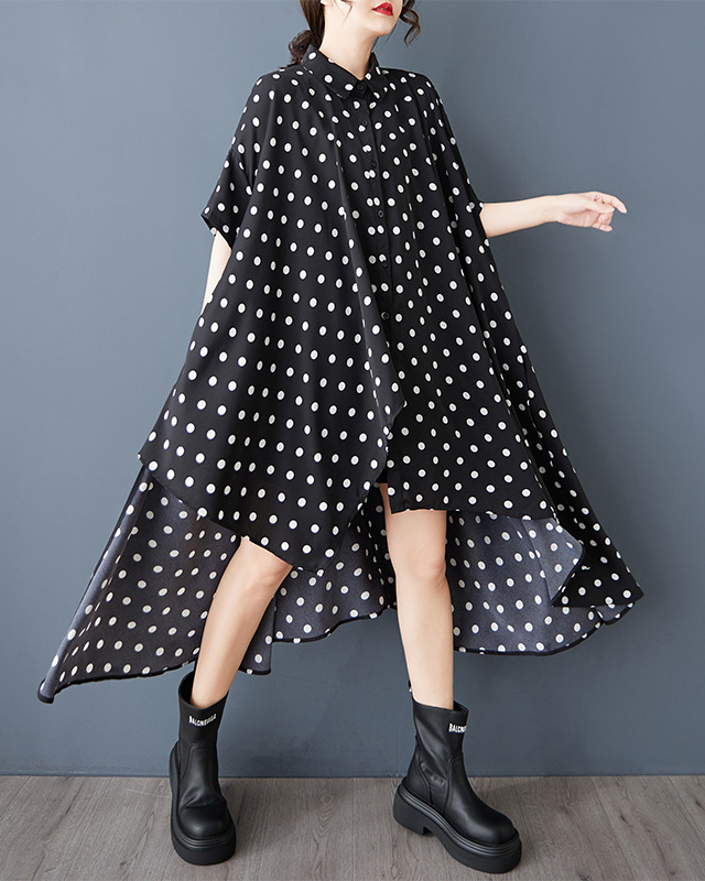 Polka Dot Shirt Collar Short Sleeve Asymmetric Hem Midi Dress
