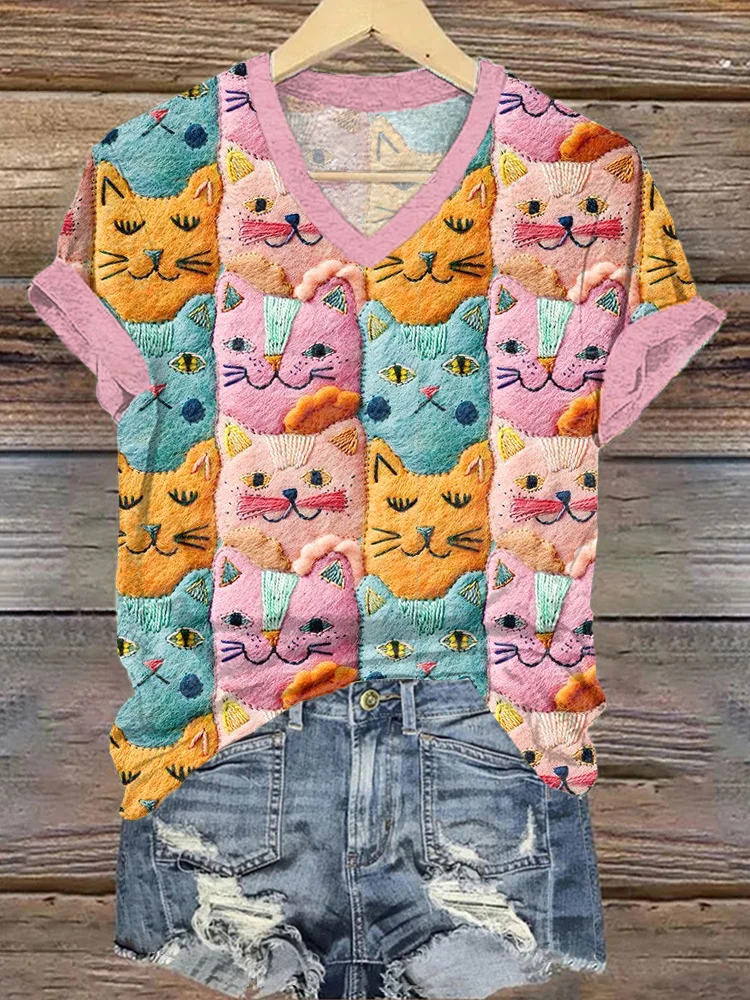Cute Cat Pattern V-neck Short Sleeve T-Shirt