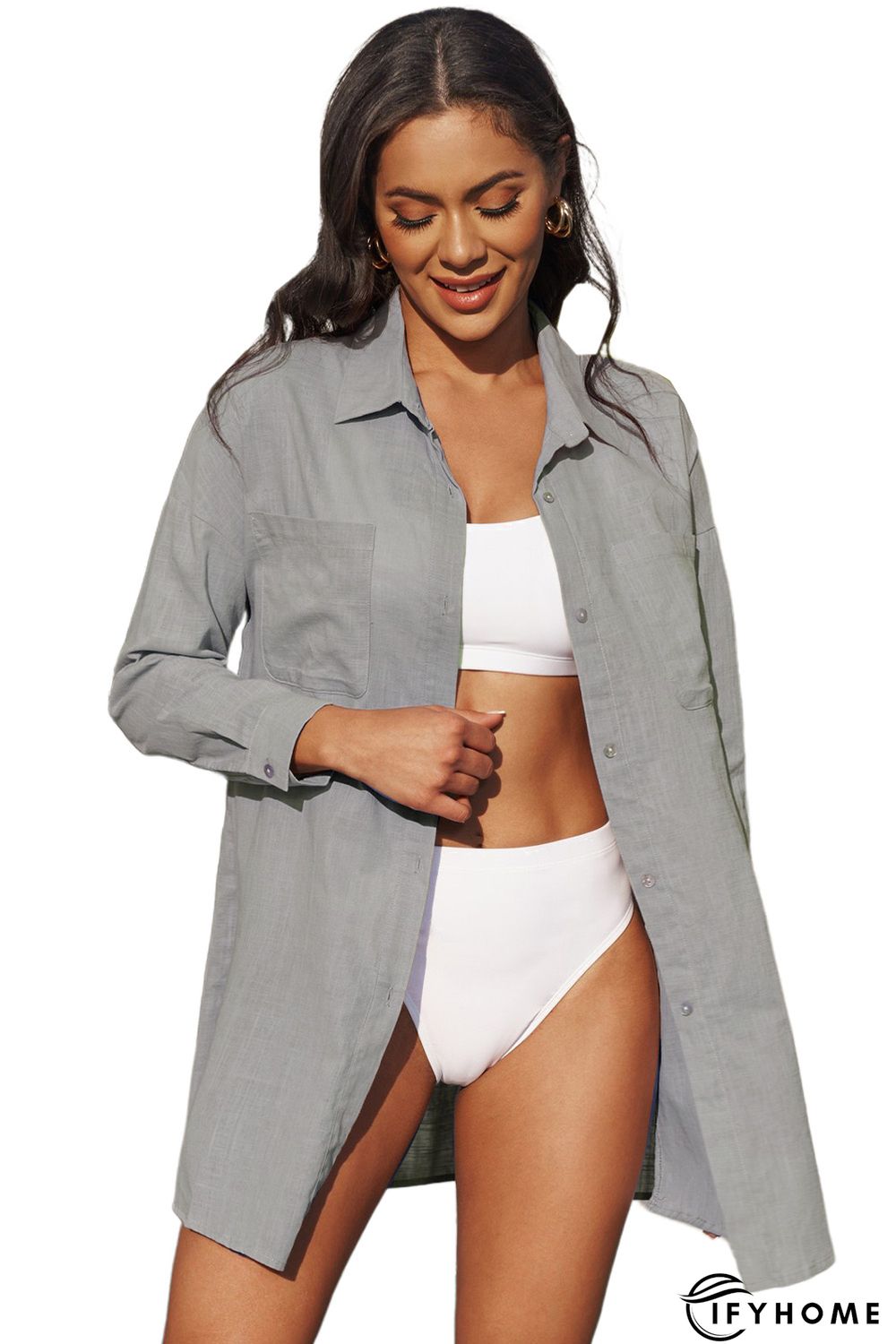 Gray Lightweight Shirt Style Beach Cover Up | IFYHOME