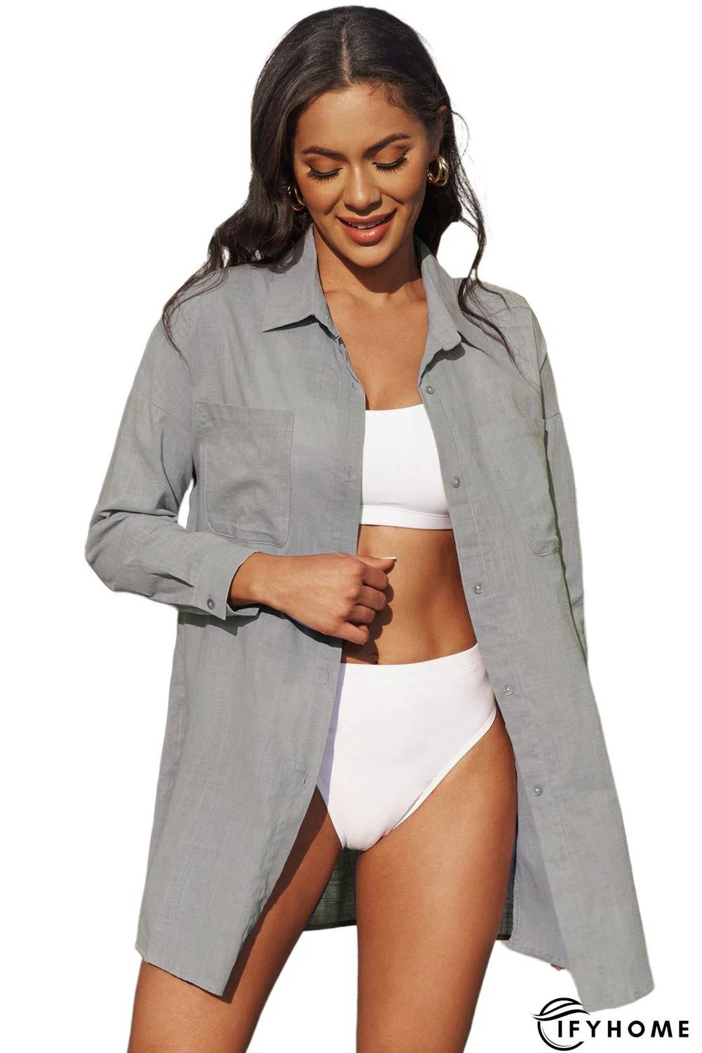 Gray Lightweight Shirt Style Beach Cover Up | IFYHOME