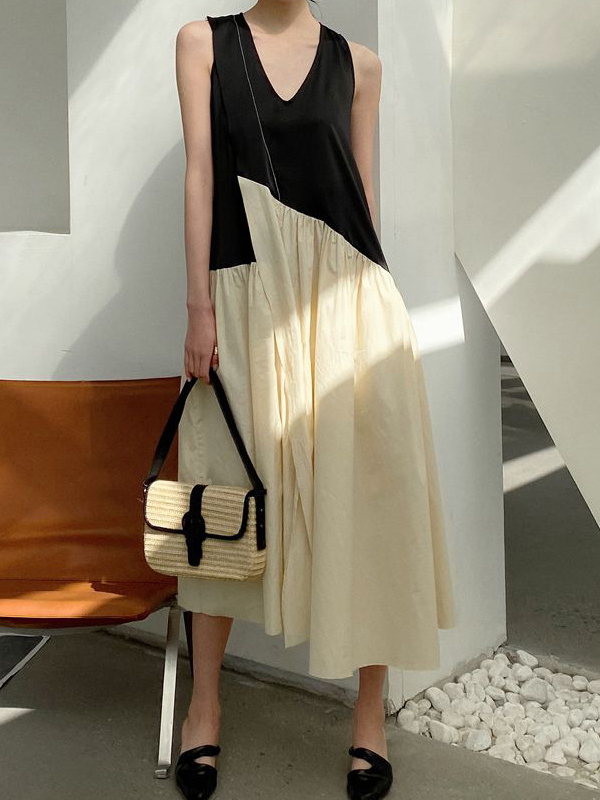 Contrast Color Irregular Patchwork V Neck Midi Dress