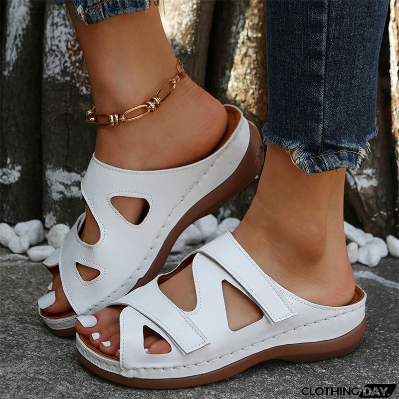 Summer Hollow Out Velcro Wedge Heel Casual Slippers for Women