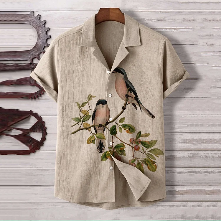 Wearshes Men'S Birds On Branch Art Printed Casual Hawaiian Beach Shirt