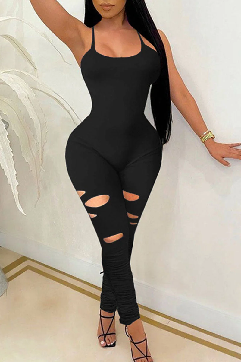 Sexy Solid Ripped Split Joint Spaghetti Strap Skinny Jumpsuits