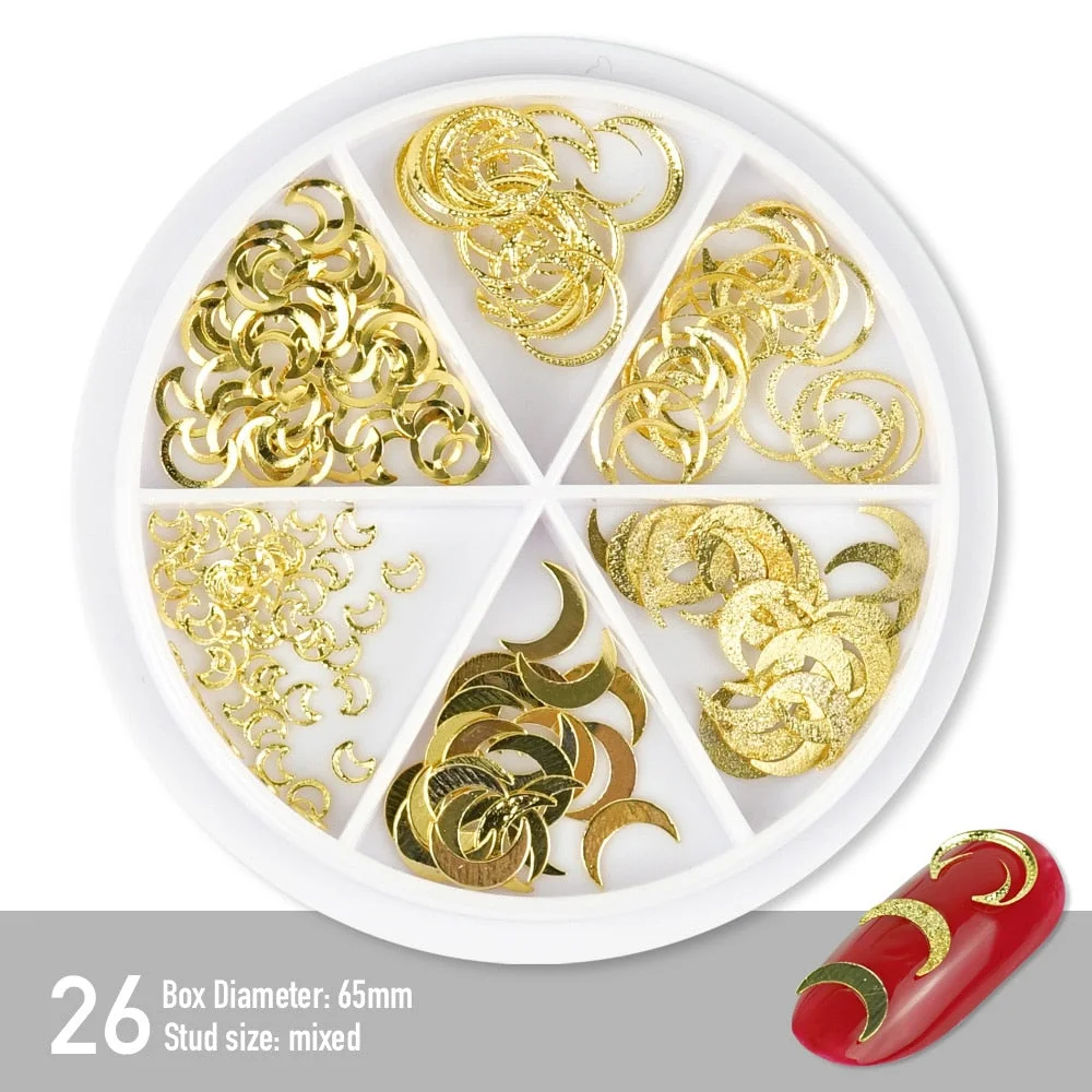 [Beautizon] 6 Grids Mixed Steel Studs Stars moons triangles Charms Nails DIY Accessories Nail Decoration Nail Art Rhinestones