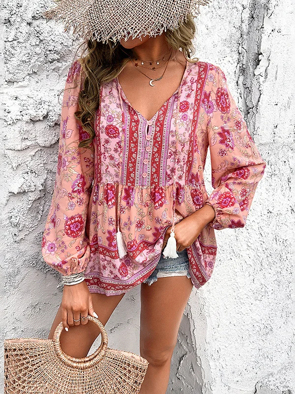 Tasseled Split-Joint Flower Print Elasticity Buttoned Puff Sleeves Loose V-Neck Blouses&Shirts Tops