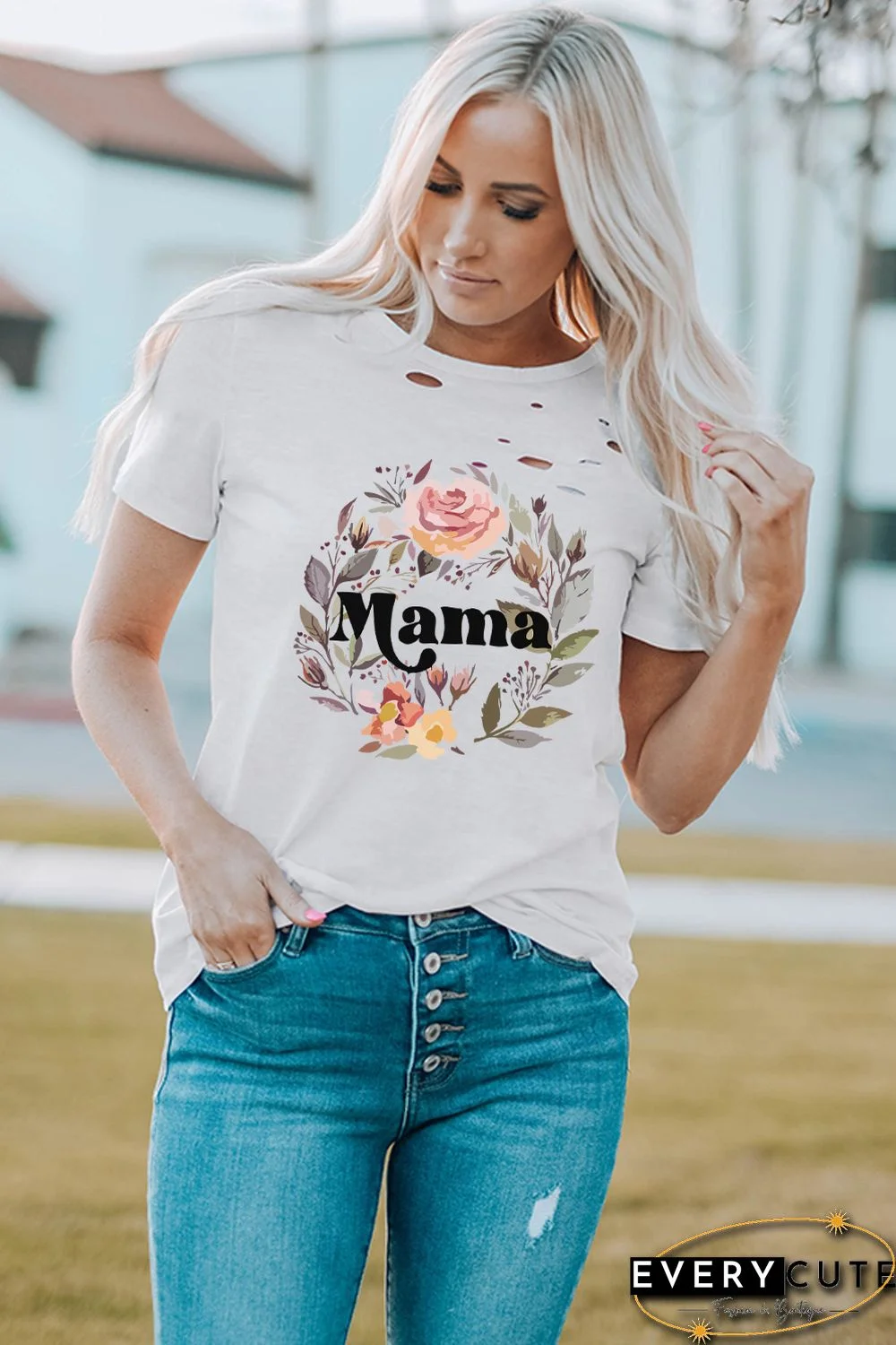 White Boho Flowers Mama Graphic Pothole Shirt