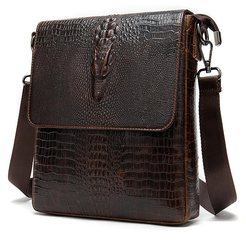 Foldover Top Detachable Sling Strap Crocodile Textured Genuine Leather Messenger Bag