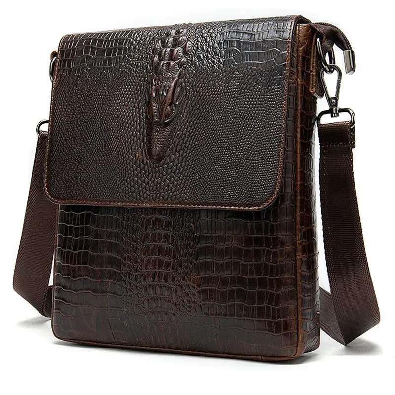 Foldover Top Detachable Sling Strap Crocodile Textured Genuine Leather Messenger Bag