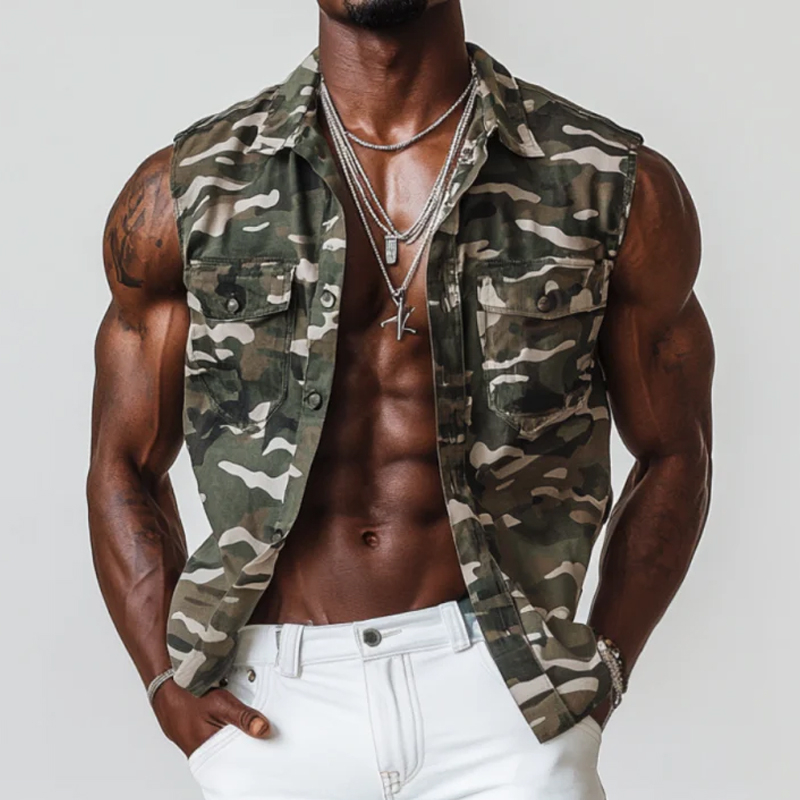 Men's Casual Outdoor Camouflage Cotton Lapel Chest Pocket Slim Fit Sleeveless Shirt