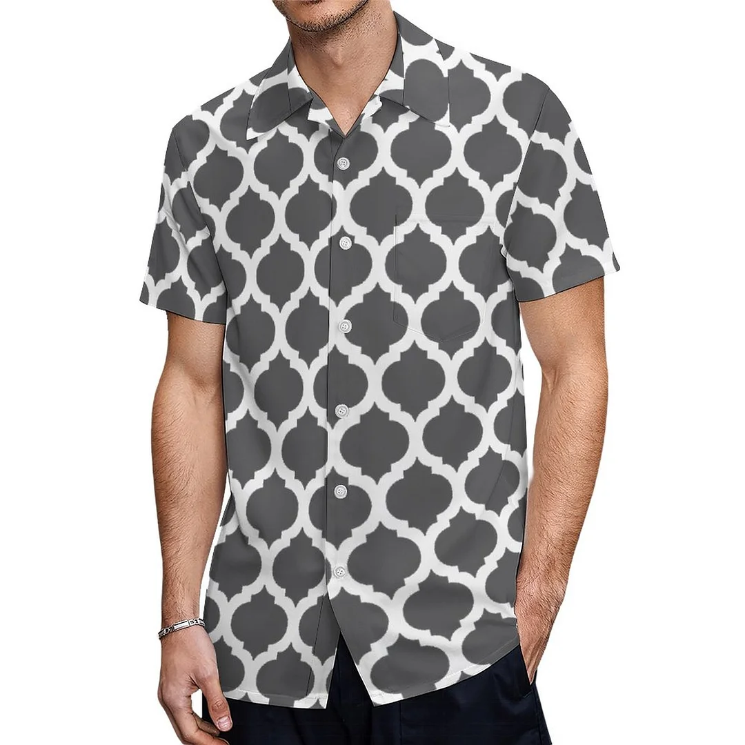 Short Sleeve Dark Grey Moroccan Hawaiian Shirt Mens Button Down Plus Size Tropical Hawaii Beach Shirts