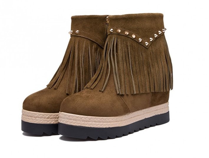 Brown Vintage Boots Suede Fringe Platform Shoes with Rivets |FSJ Shoes