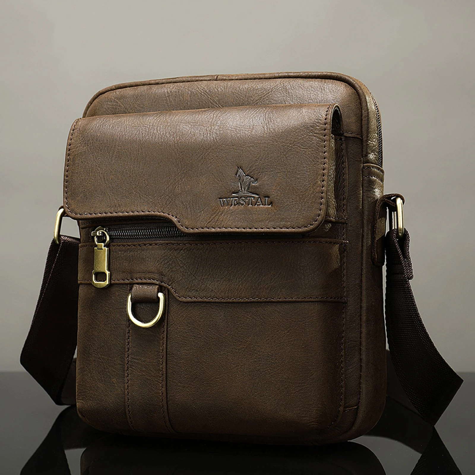 Comfy Leather Men's Soft Shoulder Bag Solid Color Zipper Crossbody Bag