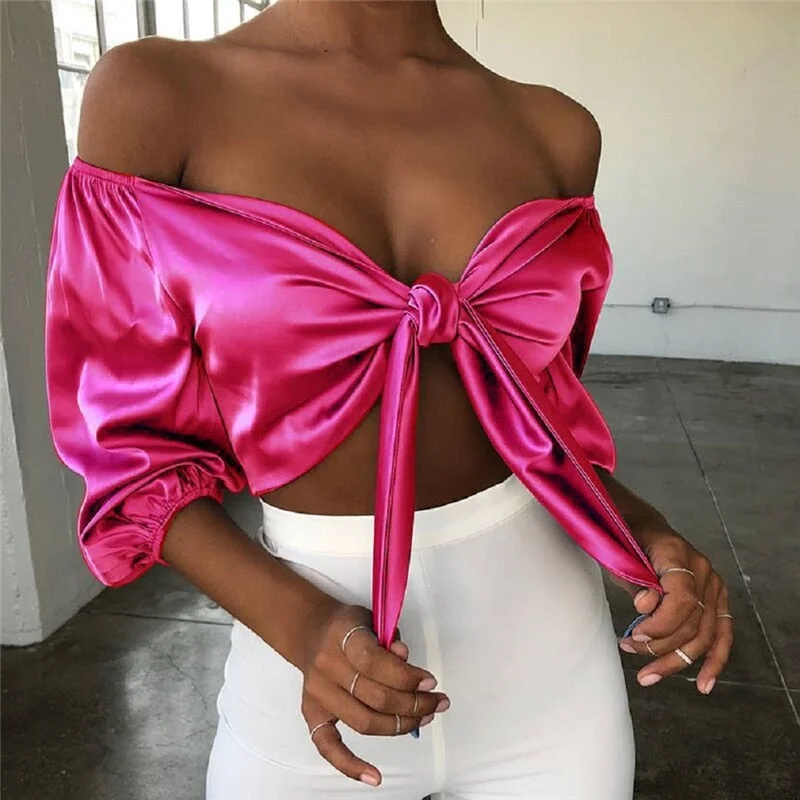 Women Blouse Summer Ladies Tie Up Knot Flared Sleeved Top Shirt Womens Tops And Blouses Woman Party Clothes Office Lady Shirt
