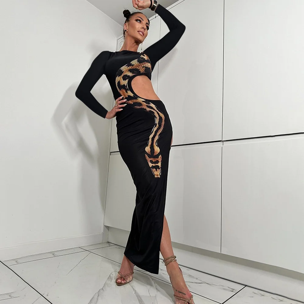 Colourp Colourp Women's Autumn And Winter Hot Girl Show Waist High Slit Long Sleeves Sexy Snake Print Long Skirt Dress