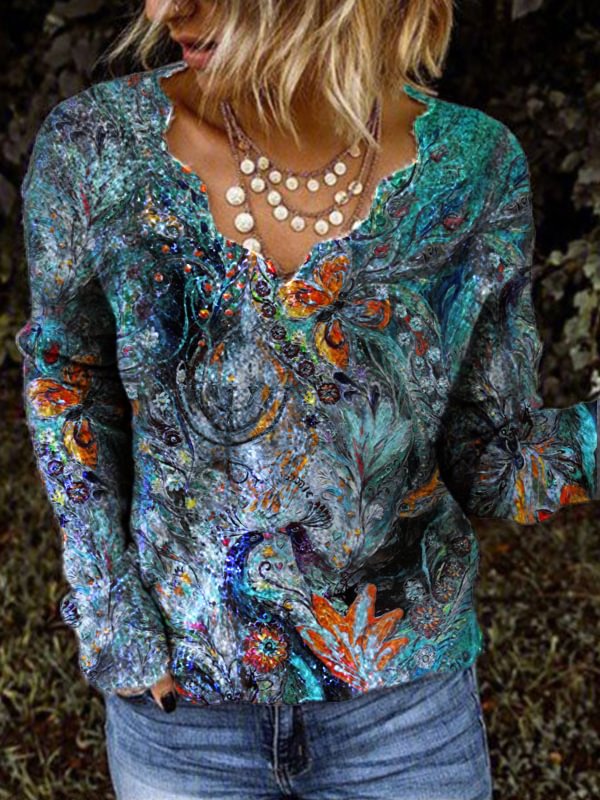Casual vintage floral print warm knit top