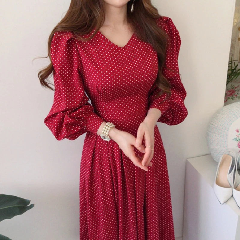 South korea Chic Retro Elegant Slimming V-neck Slim fit High Waist Lace-up Pleat Lantern Sleeve Small Polka Dot Dress Women Aiertu