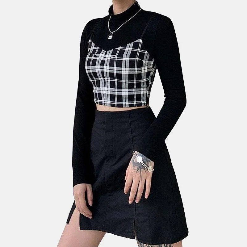 Black Long Sleeves 2-Piece Plaid Cami Top