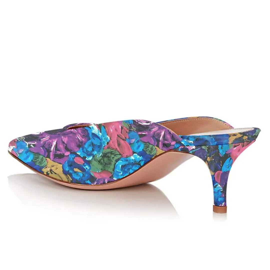 Multicolor Floral Print Kitten Heel Pointed Toe Mule Shoes for Women
