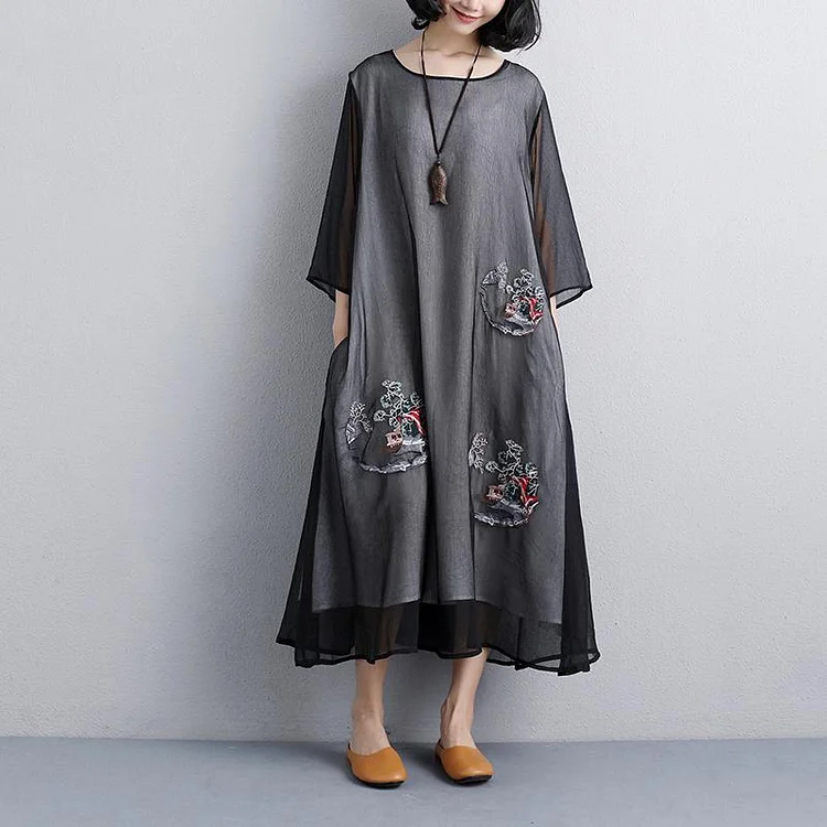 plus size sundress fashion Ethnic casual Embroidery Three Quarter Sleeve Black women Dress