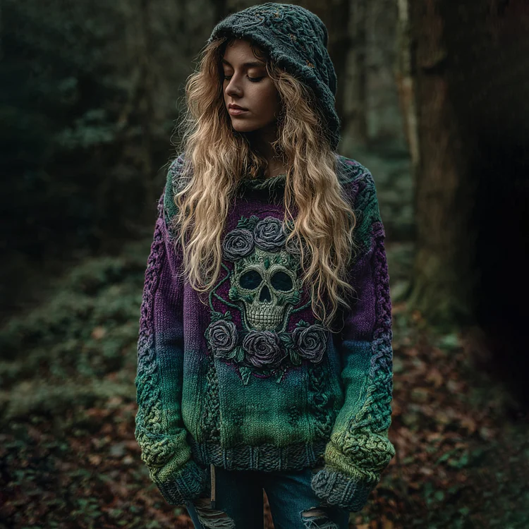 Women's Viking Tribal Jacquard Celtic With Rose And Skull Inspired Chunky Knit Hooded Sweater