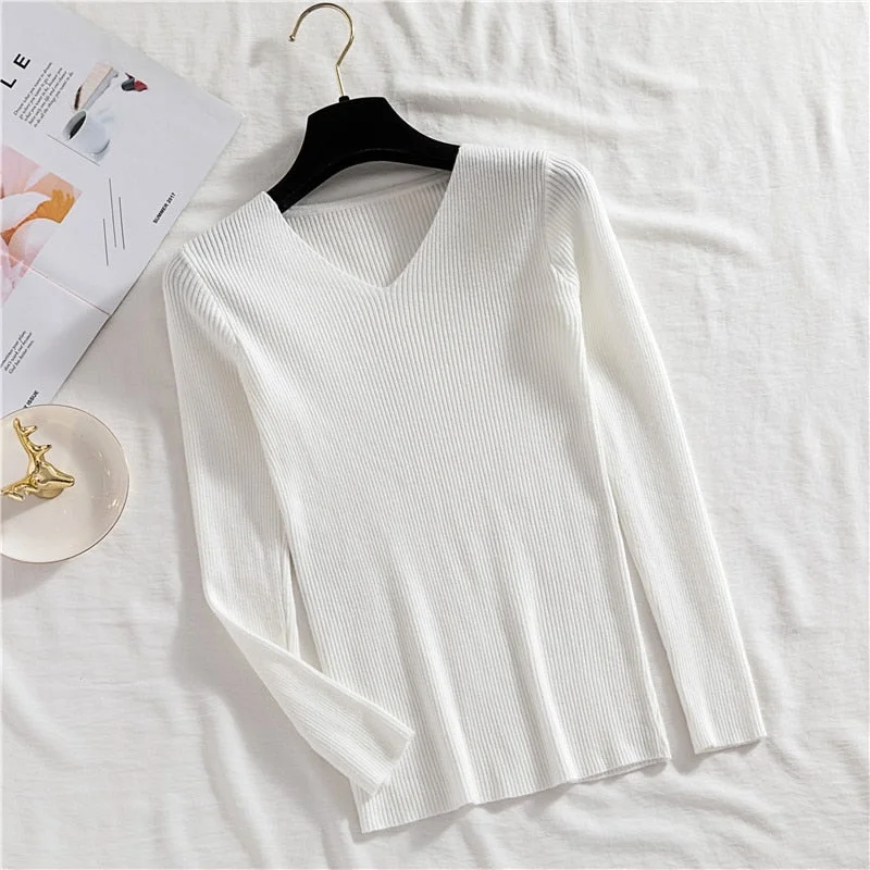 Zoki Sexy V Neck Women Pullover Sweater Fashion Autumn Winter Long Sleeve Knitted Jumper Top Casual Korean Slim Basic Blouse