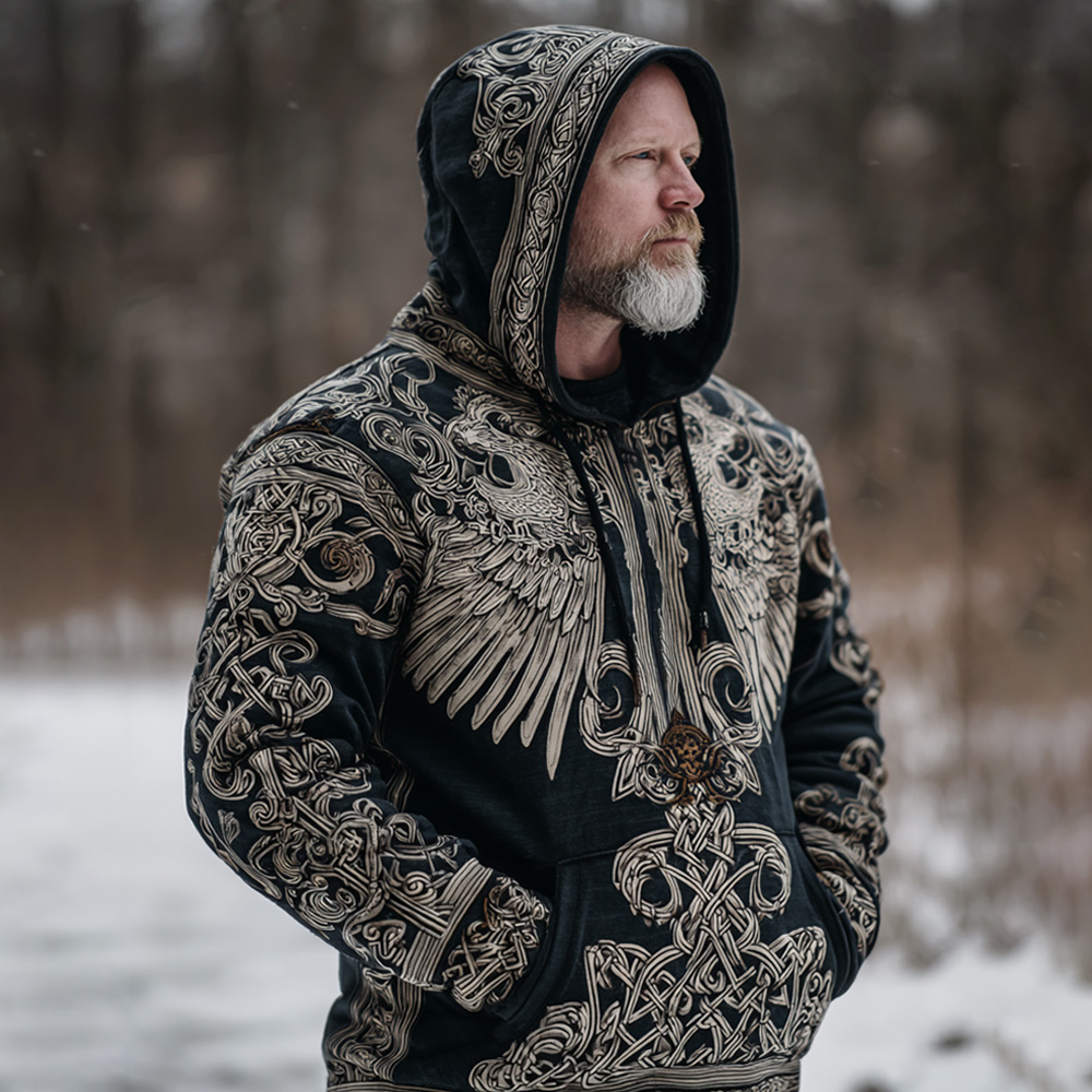 Men's Viking Tribal Jacquard Celtic With Wings Inspired Art Hoodie elevenforest