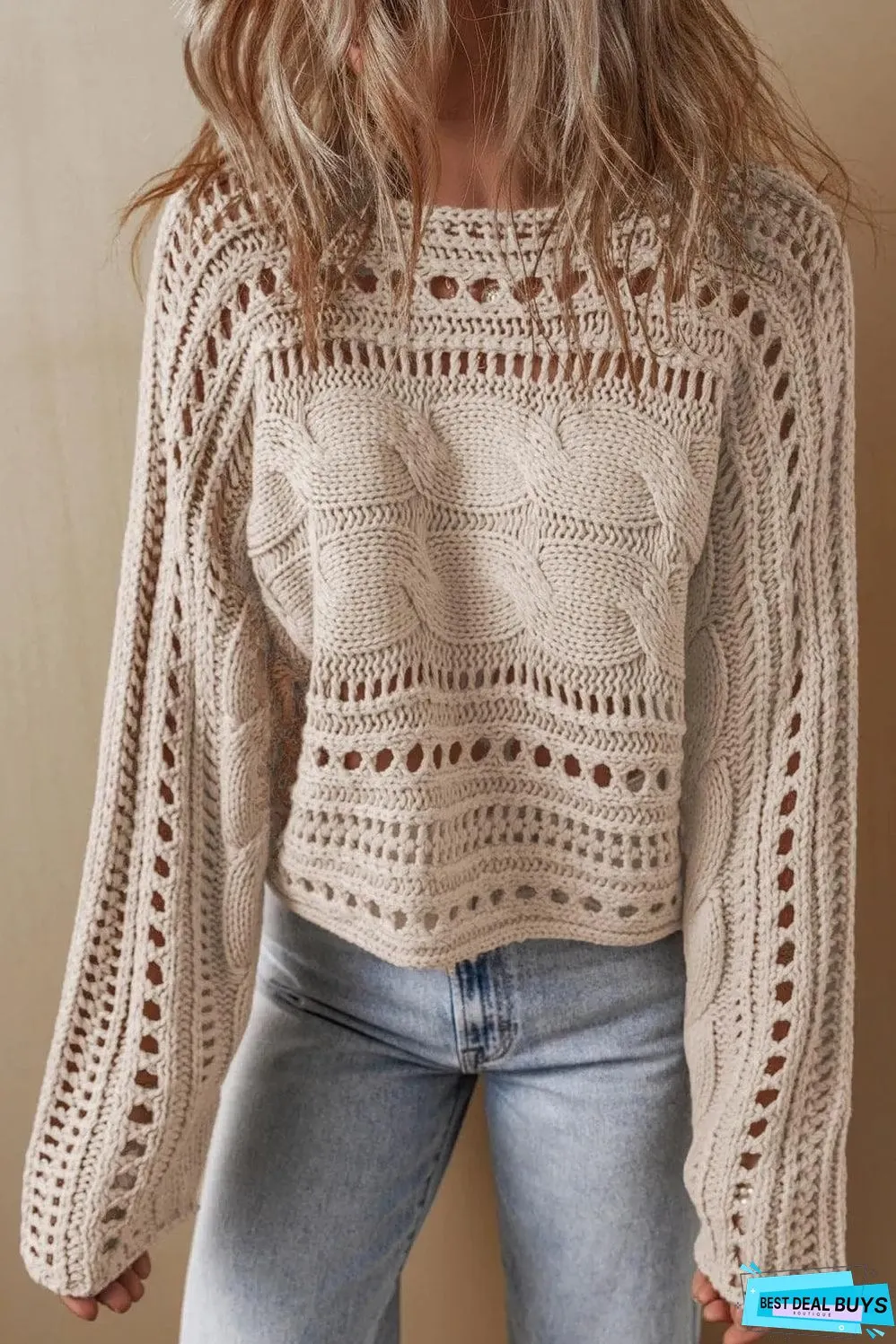 Smoke Gray Hollow-out Cable Knit Cropped Sweater