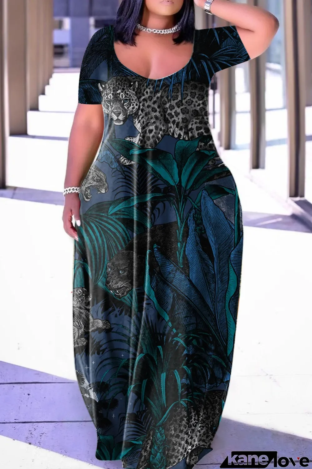 Dark Blue Casual Print Basic V Neck Short Sleeve Dress Dresses