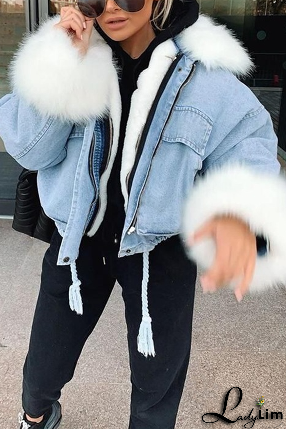 Denim Faux Fur Collar Drawstring Cotton Coat