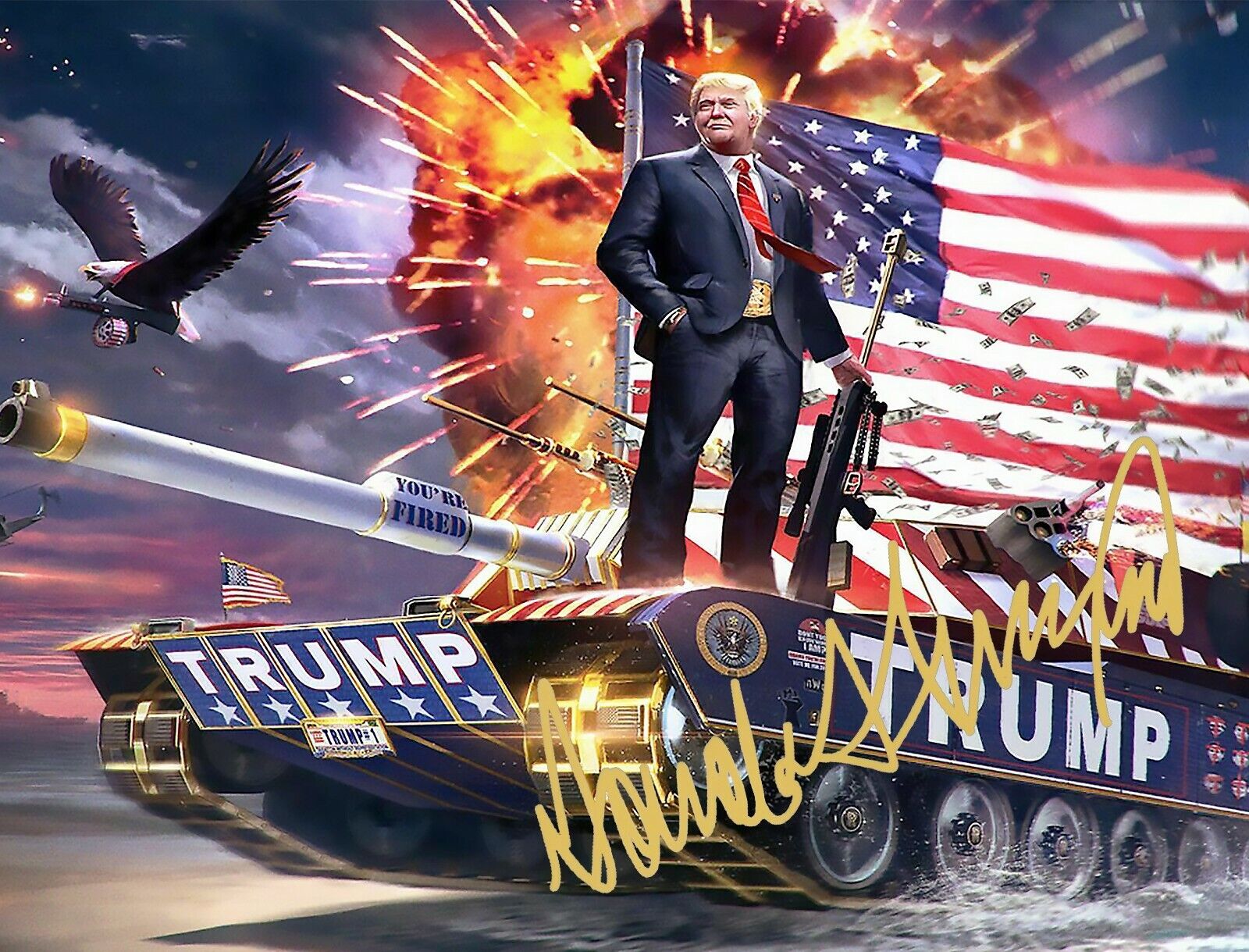 PRESIDENT DONALD TRUMP TANK FLAG SIGNED AUTOGRAPH SIGNATURE 8.5X11 Photo Poster painting REPRINT