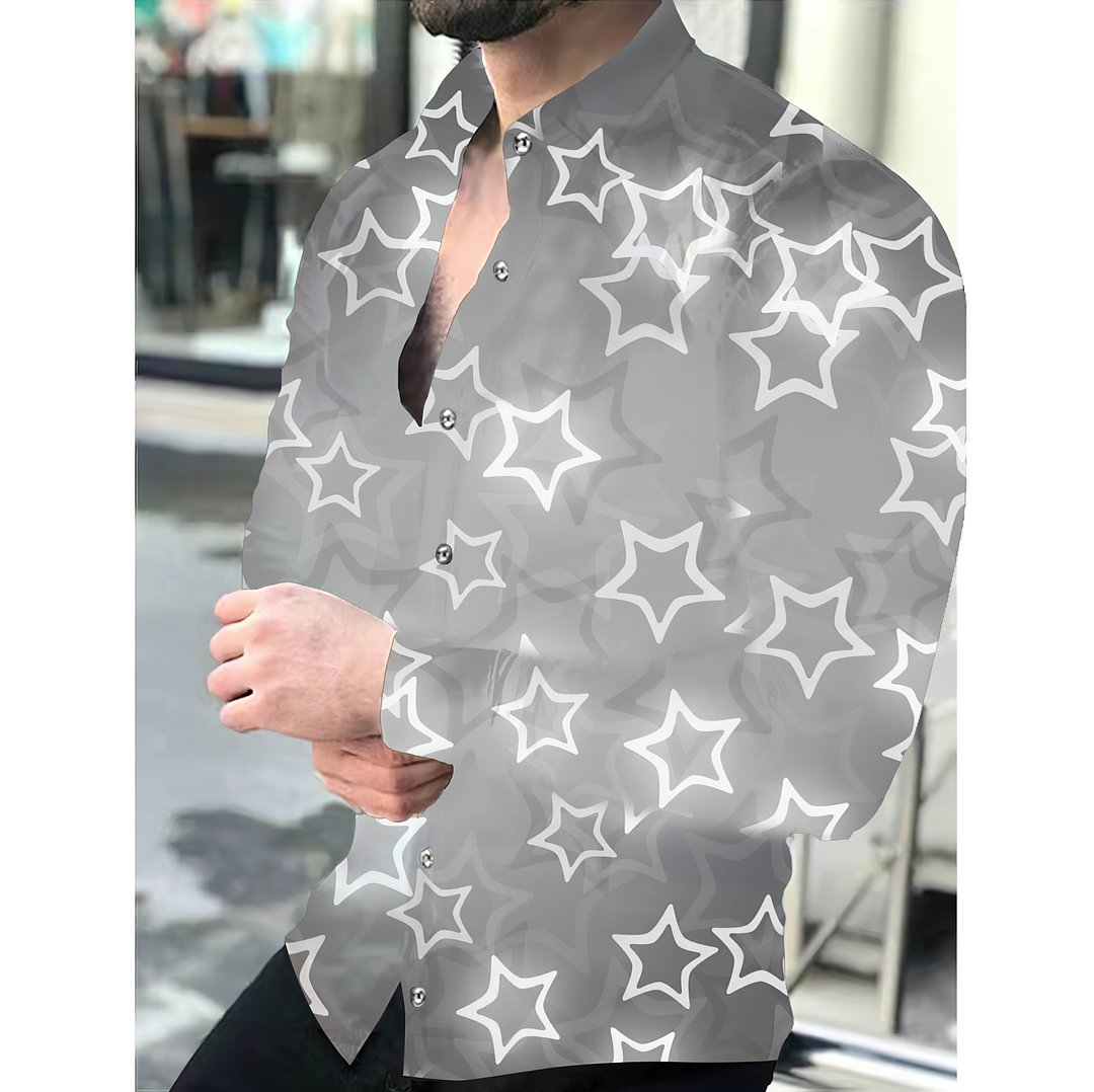 Casual Grey Star Pattern Printed Long Sleeve Men's Shirt