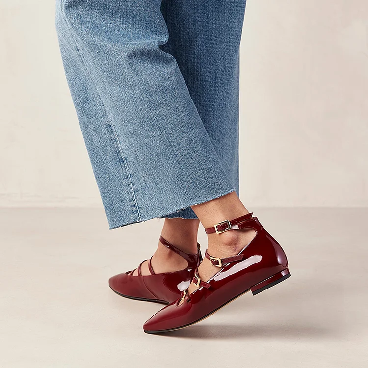 Burgundy flats shop with ankle strap