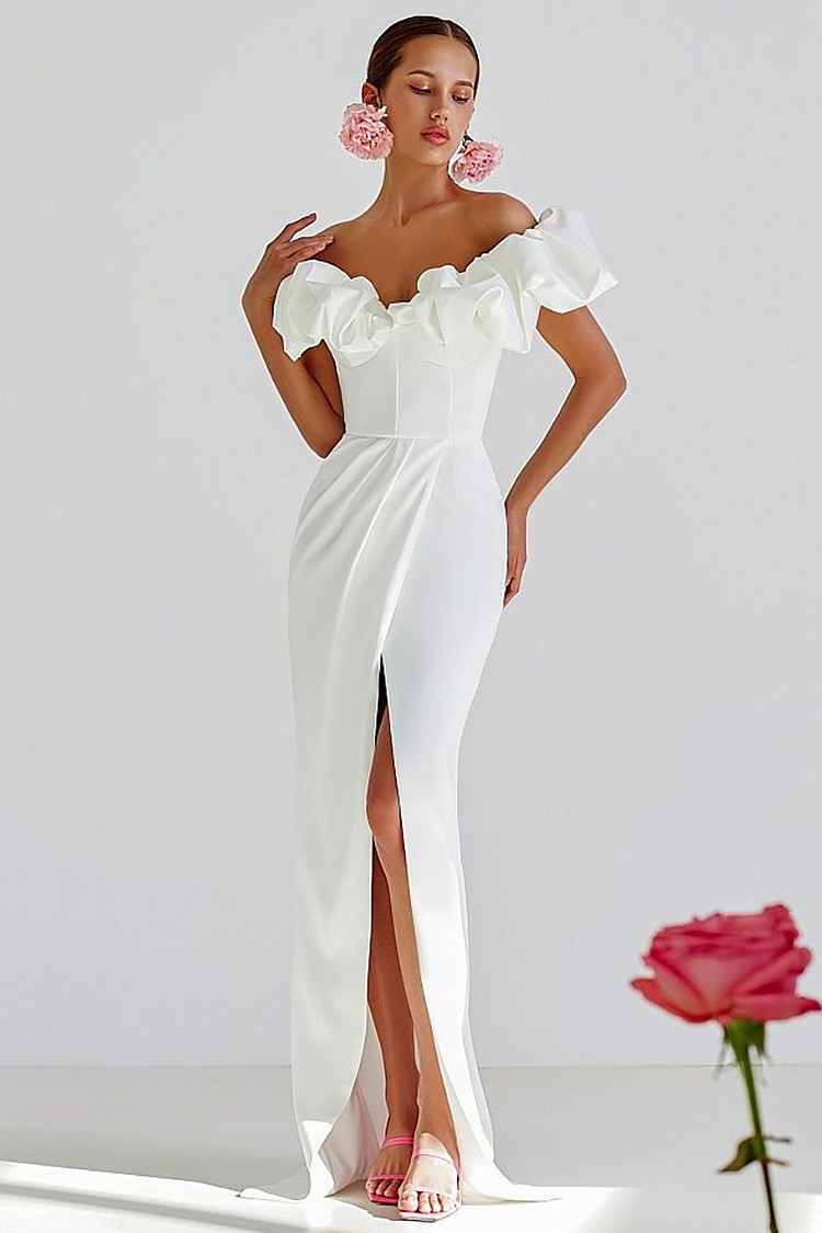 Puffy Ruffled Trim Off Shoulder Corset Slit Formal Party Maxi Dresses-White
