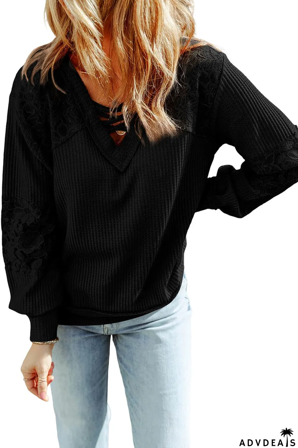 Black Lace Waffle Patchwork Strappy V Neck Long Sleeve Top