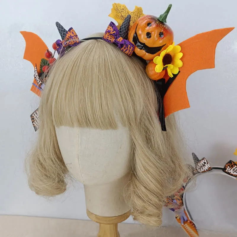 Gothic Pumpkin Bat Wings Headband Halloween Hair Accessory