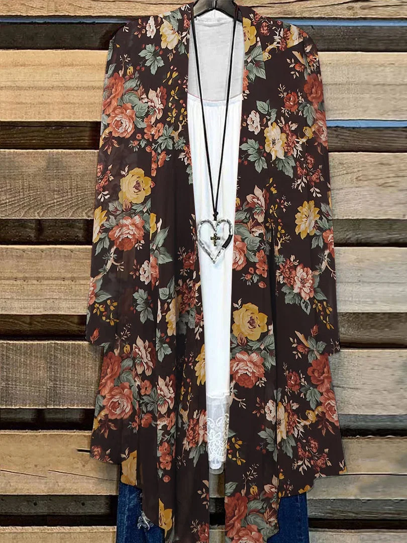 Women's Long Sleeve Floral Printed Loose Cardigan Coat