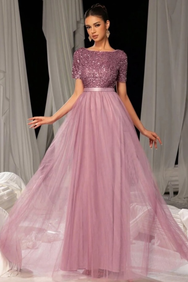 Sequins Dusty Rose Mesh Short Sleeves Evening Dress | ZT0356