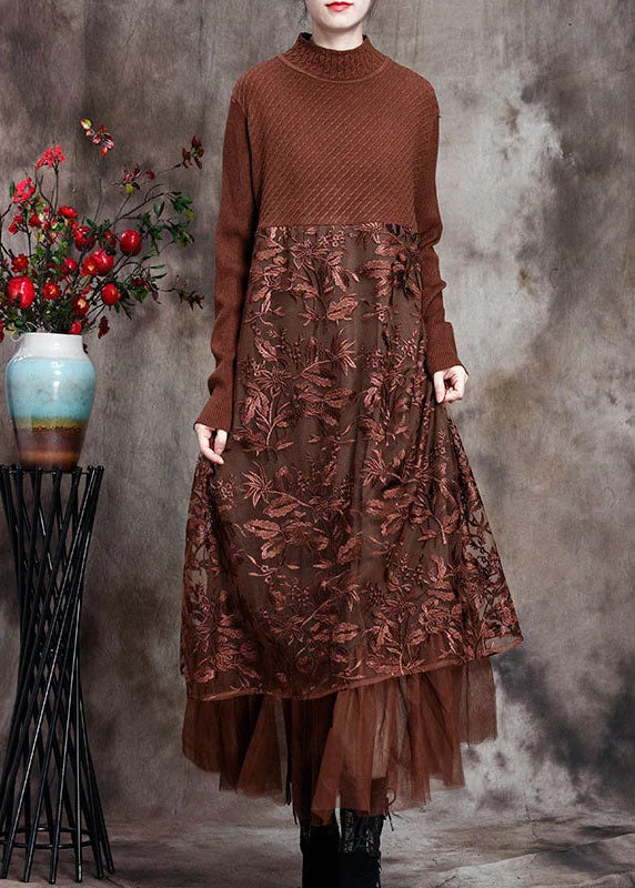 Coffee O-Neck Embroideried Patchwork Fall Long Knit Dress