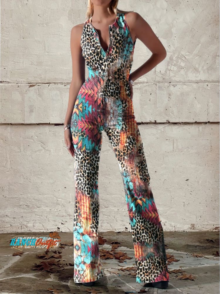 Women’s Vintage Leopard Flower Stitching Print Casual Denim Jumpsuit Multicolor / Xs