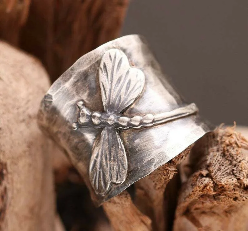 Vintage Dragonfly Wide Band Silver Ring