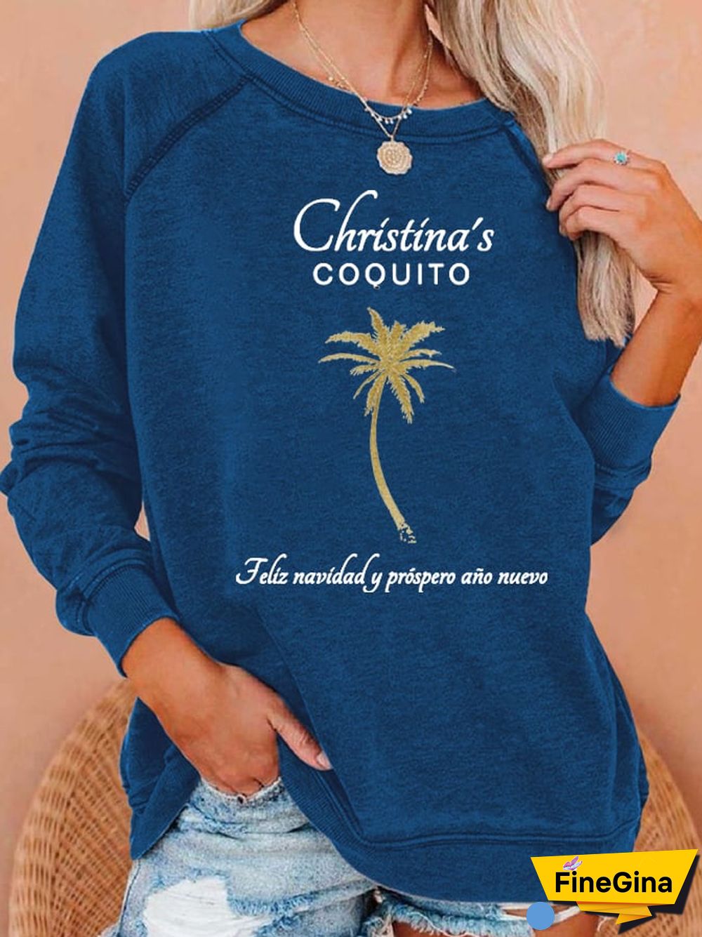 Women's Christmas Goldtone Palm Tree Print Casual Sweatshirt