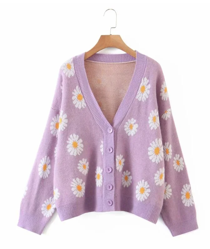 Sweet Button Down Sweater Cardigan Women Loose Knit Coat Autumn Spring Casual Lady Long Sleeve V Neck Floral Outerwear Sweater
