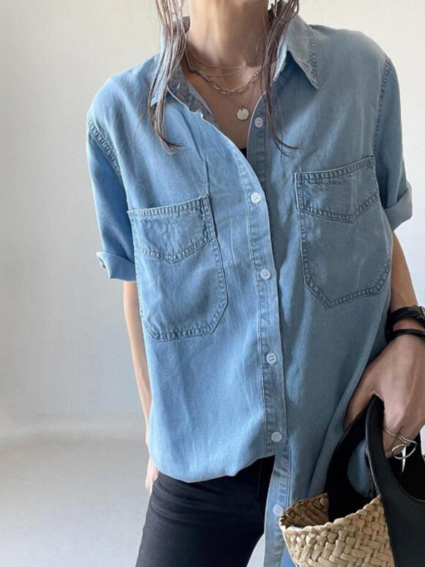 Chest Pockets Short Sleeve Button Up Denim Shirt