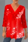 Plus Size Lace Patchwork V Neck Floral Print Blouse